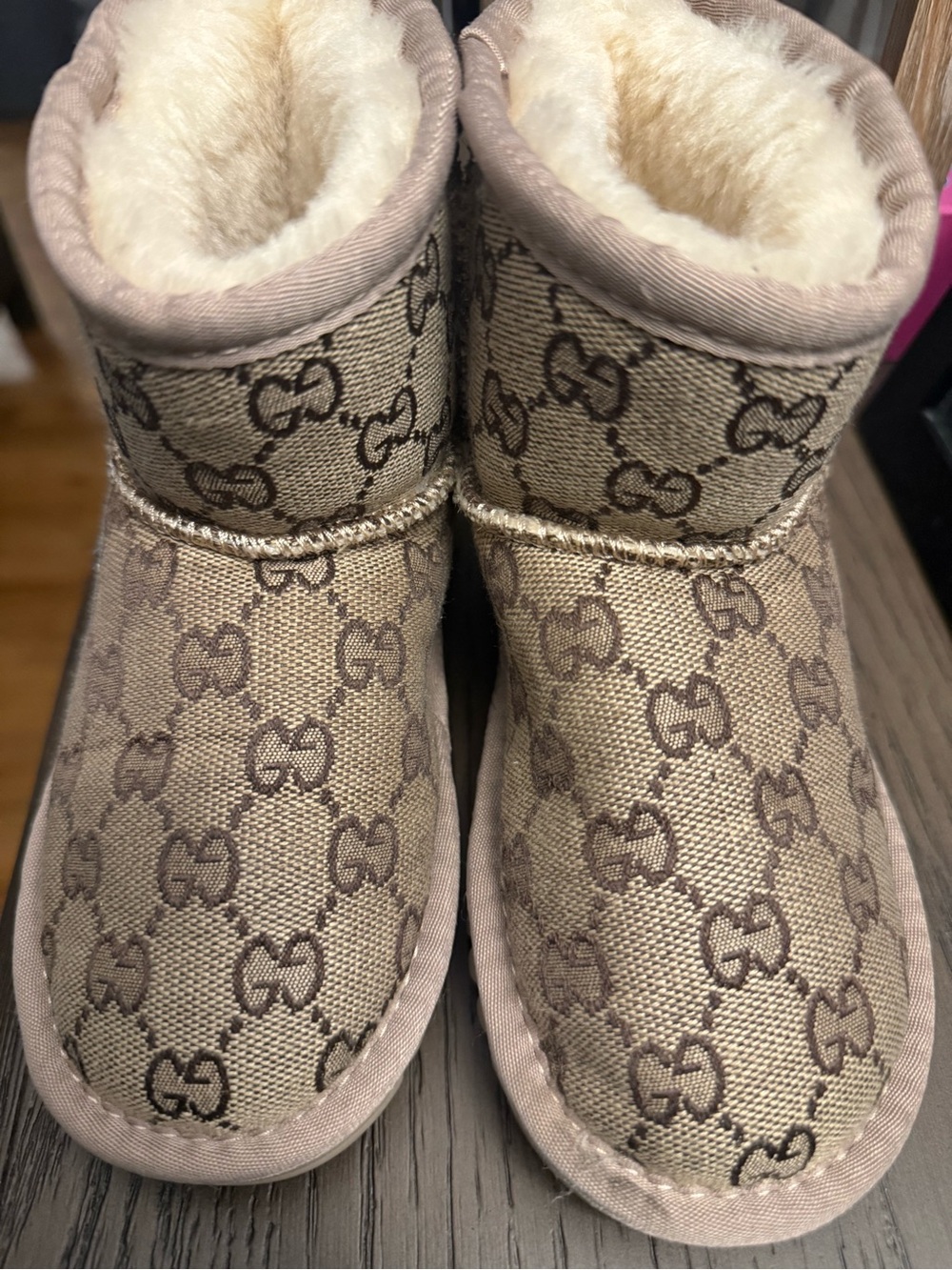 UGG Kids Shearling-Lined Logo Pattern Booties in Beige and Brown